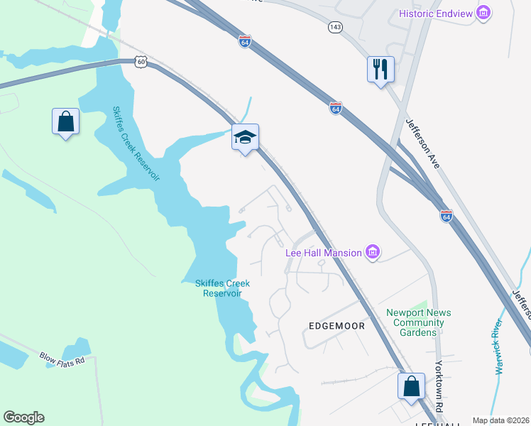 map of restaurants, bars, coffee shops, grocery stores, and more near 110 Lake Pointe Drive in Newport News
