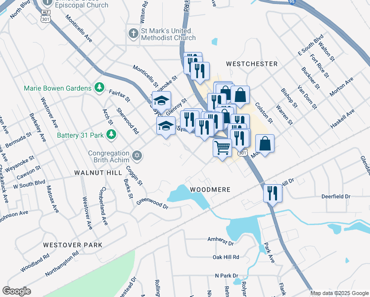 map of restaurants, bars, coffee shops, grocery stores, and more near 125 Goodrich Avenue in Petersburg
