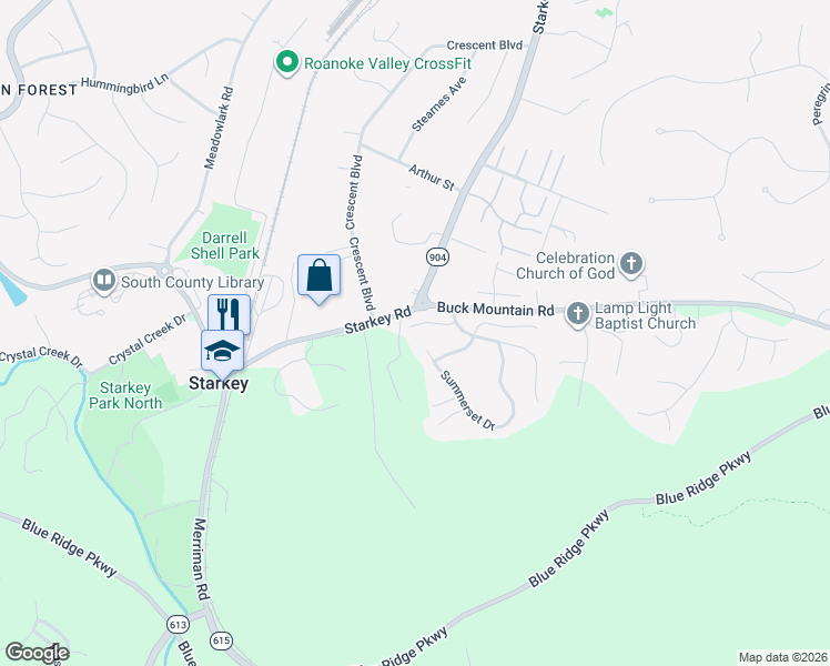 map of restaurants, bars, coffee shops, grocery stores, and more near 5729 Graceland Dr in Roanoke