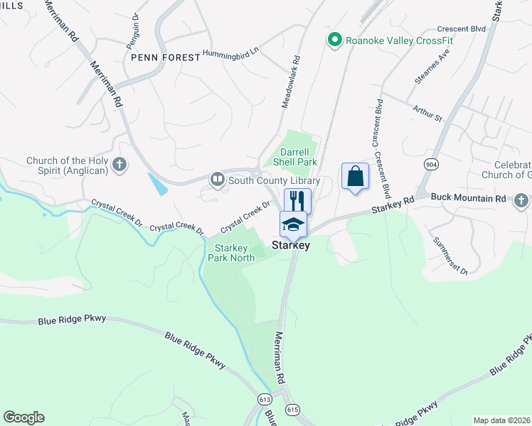 map of restaurants, bars, coffee shops, grocery stores, and more near 5757 Crystal Creek Drive in Roanoke