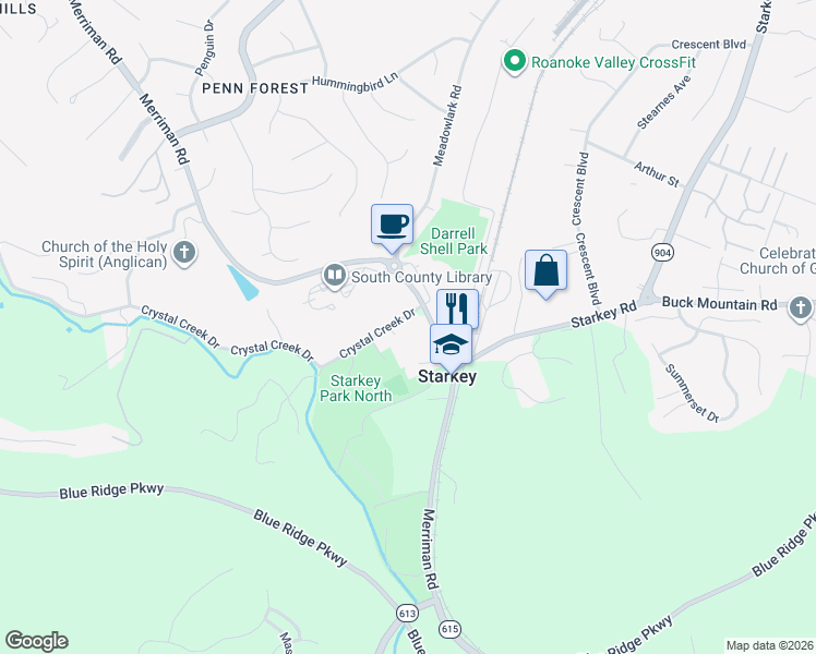 map of restaurants, bars, coffee shops, grocery stores, and more near 5757 Crystal Creek Drive in Roanoke
