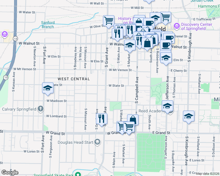map of restaurants, bars, coffee shops, grocery stores, and more near 724 South Grant Avenue in Springfield