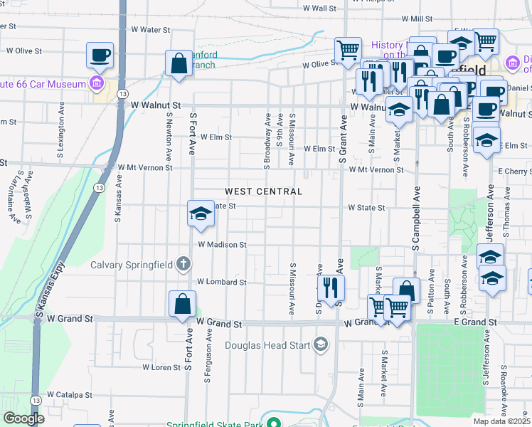 map of restaurants, bars, coffee shops, grocery stores, and more near 931 West Monroe Terrace in Springfield