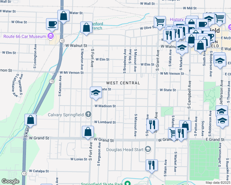 map of restaurants, bars, coffee shops, grocery stores, and more near 1025 West Monroe Terrace in Springfield