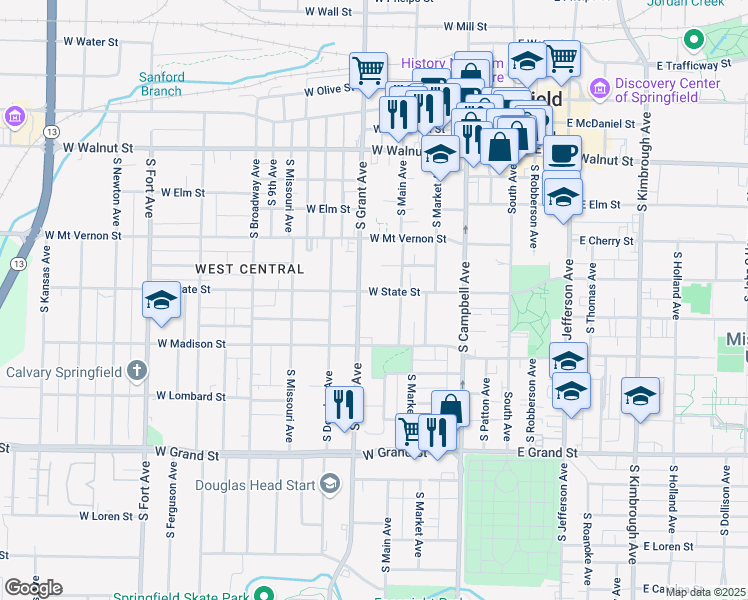 map of restaurants, bars, coffee shops, grocery stores, and more near 724 South Grant Avenue in Springfield