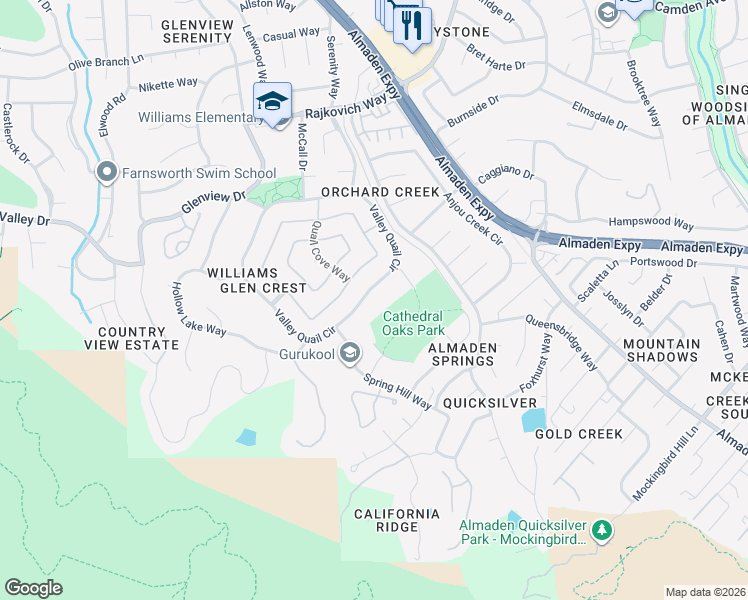 map of restaurants, bars, coffee shops, grocery stores, and more near 1130 Valley Quail Circle in San Jose