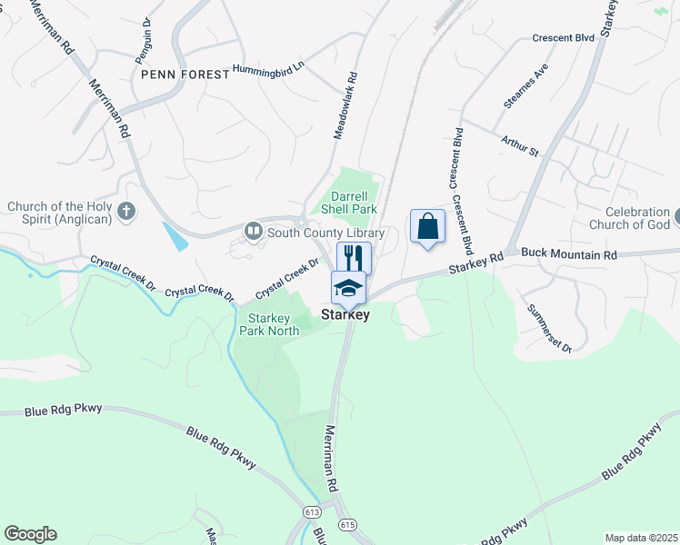 map of restaurants, bars, coffee shops, grocery stores, and more near 6426 Merriman Road in Cave Spring