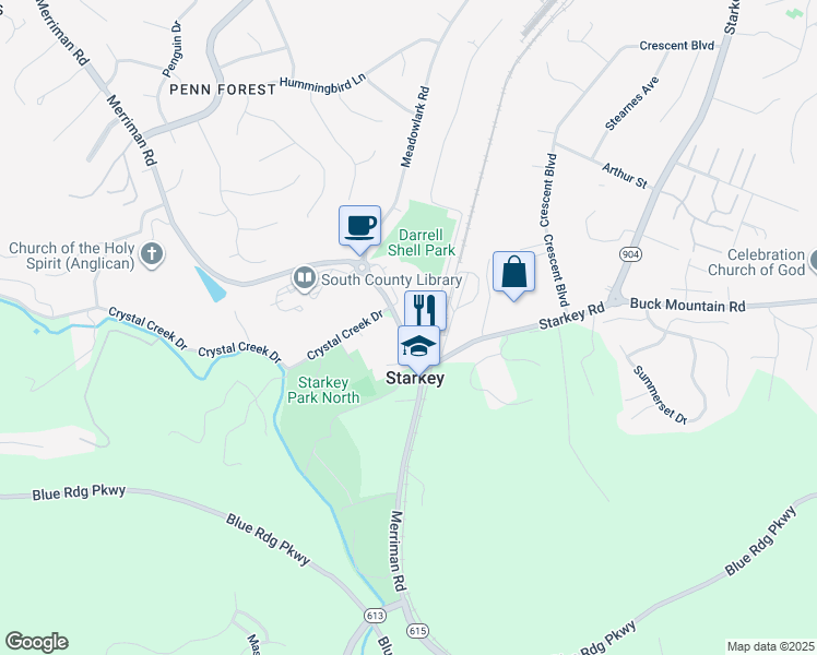map of restaurants, bars, coffee shops, grocery stores, and more near 6426 Merriman Road in Cave Spring