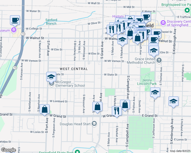 map of restaurants, bars, coffee shops, grocery stores, and more near 724 West State Street in Springfield