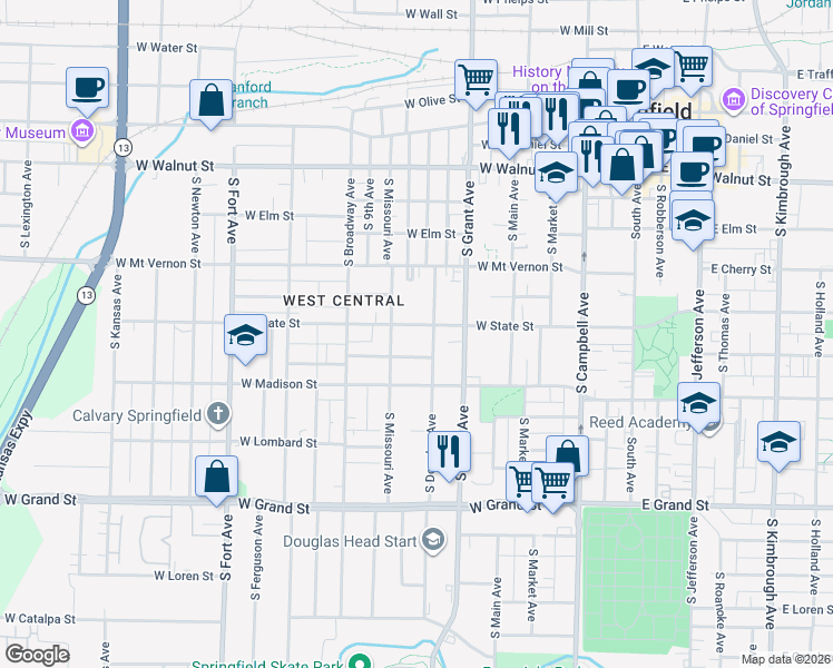 map of restaurants, bars, coffee shops, grocery stores, and more near 728 South Missouri Avenue in Springfield