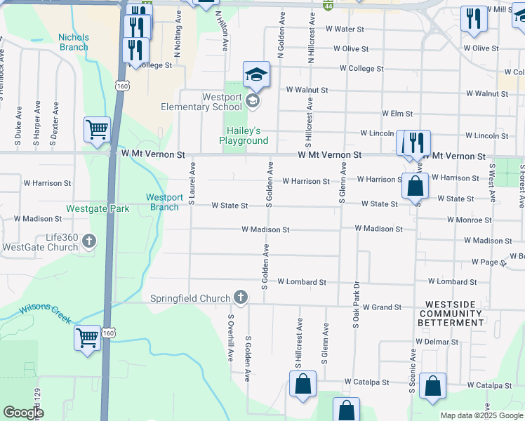 map of restaurants, bars, coffee shops, grocery stores, and more near 3109 West Madison Street in Springfield