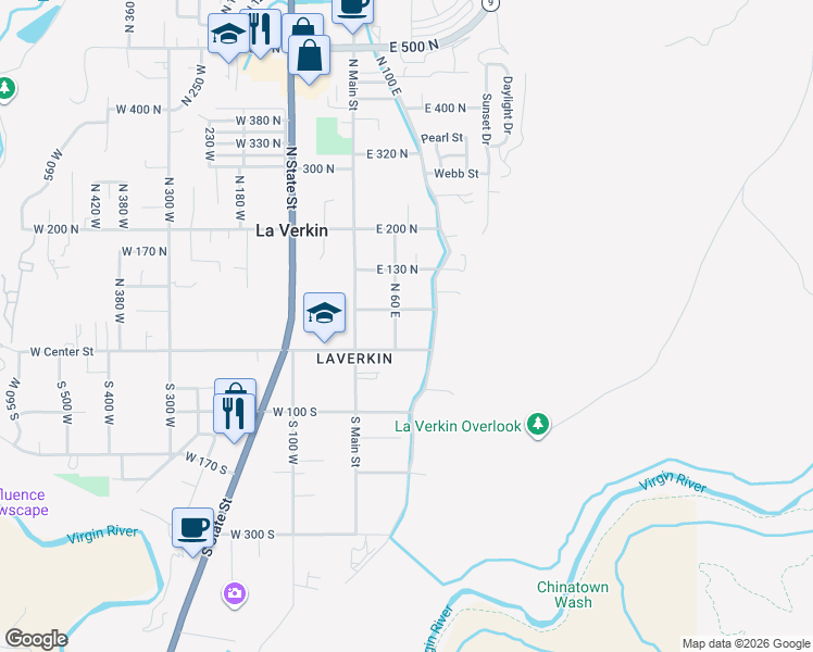 map of restaurants, bars, coffee shops, grocery stores, and more near 34 North 60 East in La Verkin