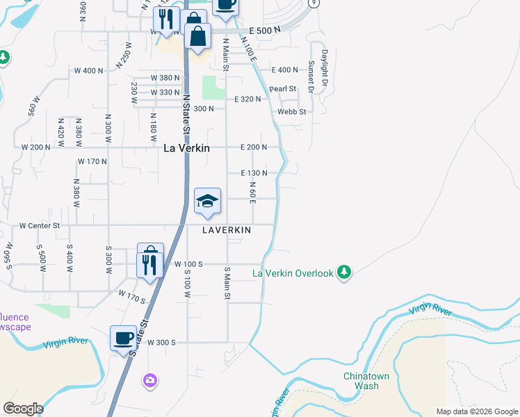map of restaurants, bars, coffee shops, grocery stores, and more near 34 North 60 East in La Verkin