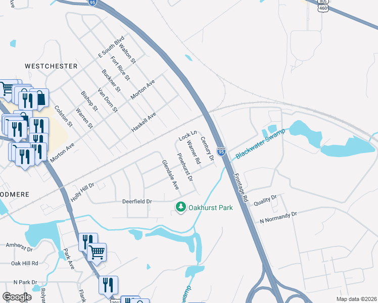 map of restaurants, bars, coffee shops, grocery stores, and more near 2539 Pinehurst Drive in Petersburg