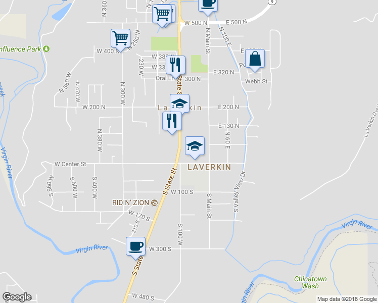 map of restaurants, bars, coffee shops, grocery stores, and more near 80 West Center Street in La Verkin