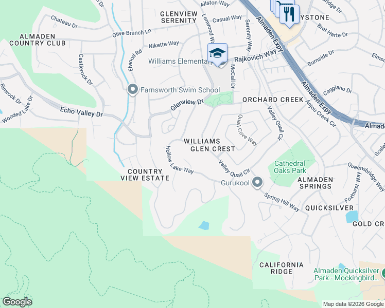 map of restaurants, bars, coffee shops, grocery stores, and more near 1175 Eagle Cliff Court in San Jose