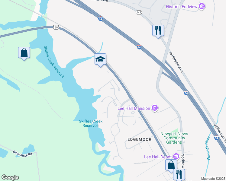map of restaurants, bars, coffee shops, grocery stores, and more near 100 Drum Pointe in Newport News