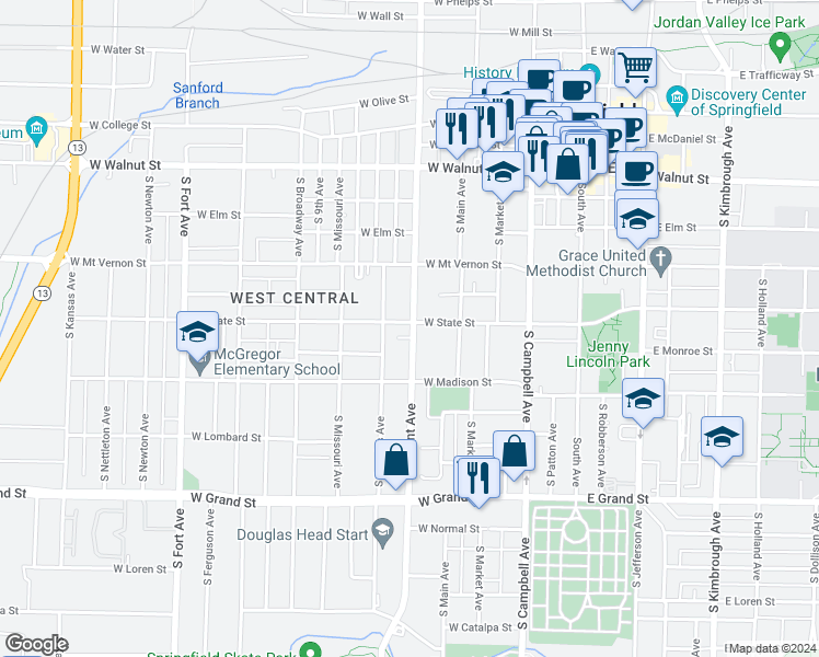 map of restaurants, bars, coffee shops, grocery stores, and more near 724 South Grant Avenue in Springfield