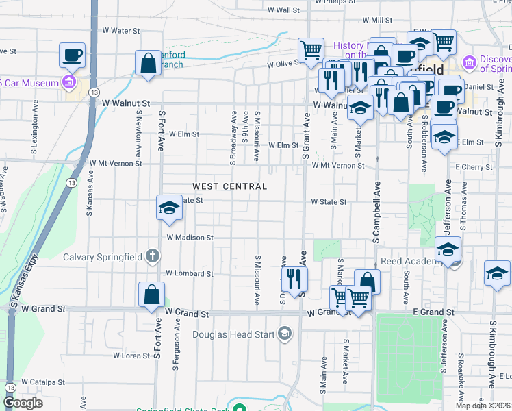 map of restaurants, bars, coffee shops, grocery stores, and more near 728 South Missouri Avenue in Springfield