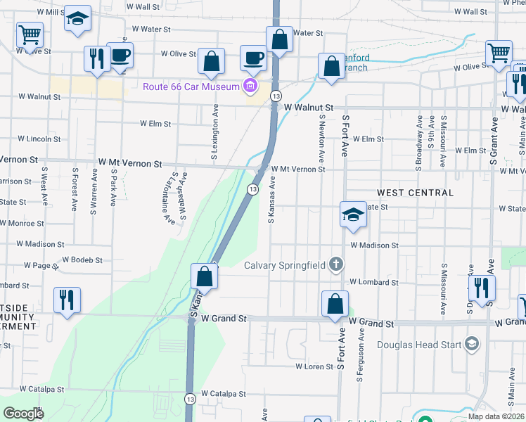 map of restaurants, bars, coffee shops, grocery stores, and more near 709 South Kansas Avenue in Springfield