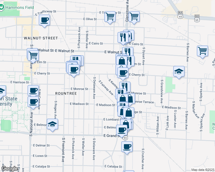 map of restaurants, bars, coffee shops, grocery stores, and more near 636 South Kentwood Avenue in Springfield