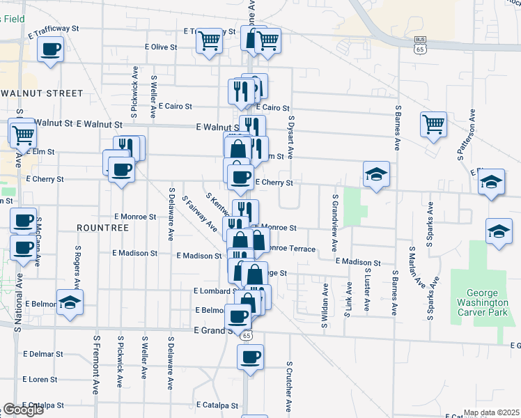 map of restaurants, bars, coffee shops, grocery stores, and more near 600 S Glenstone Ave in Springfield