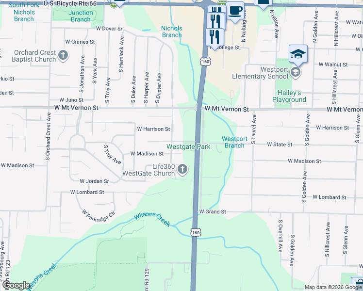 map of restaurants, bars, coffee shops, grocery stores, and more near 3536 West Mount Vernon Street in Springfield
