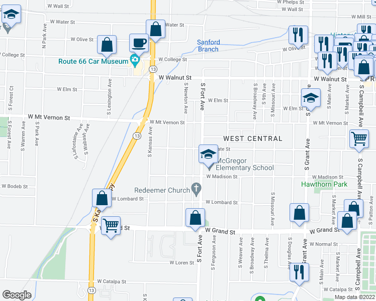 map of restaurants, bars, coffee shops, grocery stores, and more near 640 South Newton Avenue in Springfield