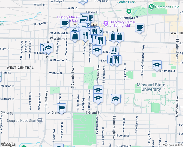 map of restaurants, bars, coffee shops, grocery stores, and more near 300 East Harrison Street in Springfield