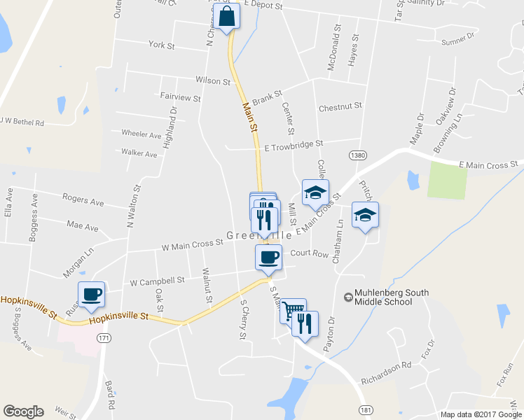 map of restaurants, bars, coffee shops, grocery stores, and more near 144 Main Street in Greenville