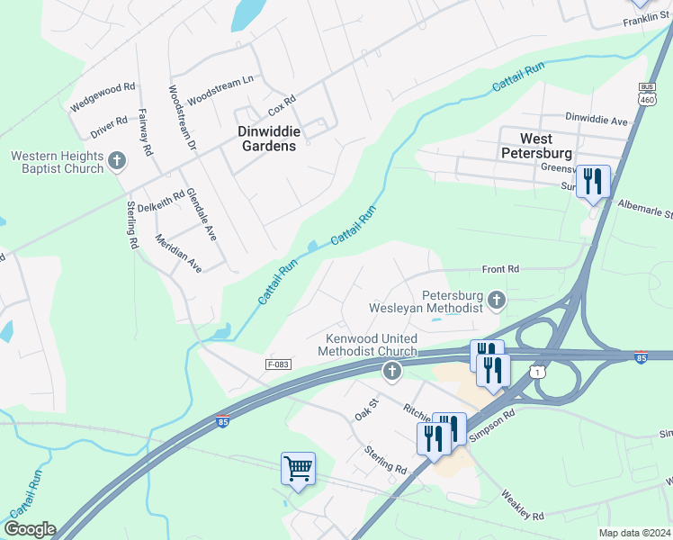 map of restaurants, bars, coffee shops, grocery stores, and more near 25111 Gilmar Court in Petersburg