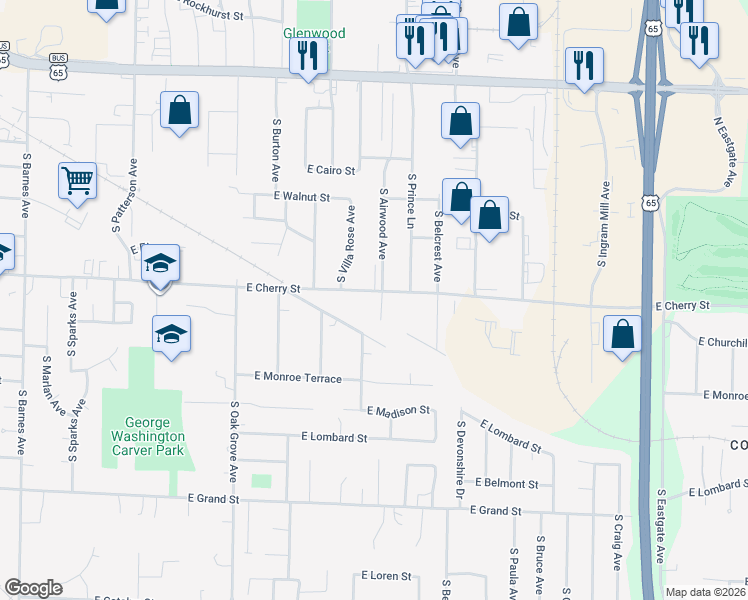 map of restaurants, bars, coffee shops, grocery stores, and more near 2811 East Cherry Street in Springfield