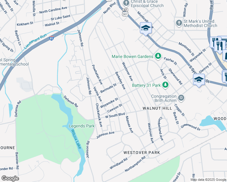 map of restaurants, bars, coffee shops, grocery stores, and more near 1746 Matoax Avenue in Petersburg