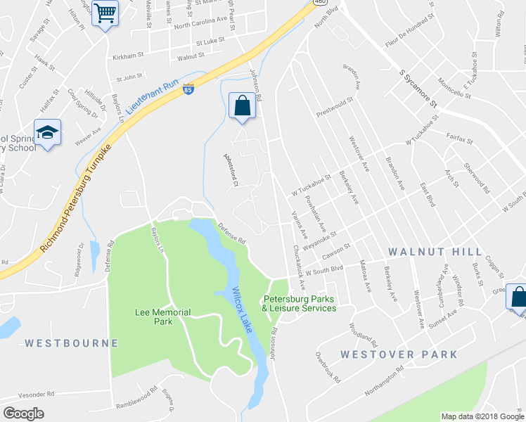 map of restaurants, bars, coffee shops, grocery stores, and more near 1640 Johnson Road in Petersburg