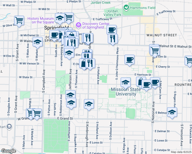 map of restaurants, bars, coffee shops, grocery stores, and more near 661 East Harrison Street in Springfield