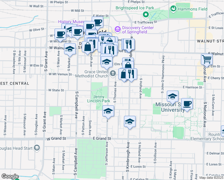 map of restaurants, bars, coffee shops, grocery stores, and more near 412 East Harrison Street in Springfield