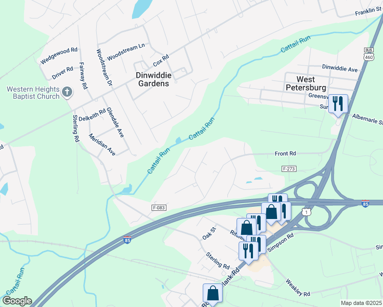map of restaurants, bars, coffee shops, grocery stores, and more near 25111 Gilmar Court in Petersburg