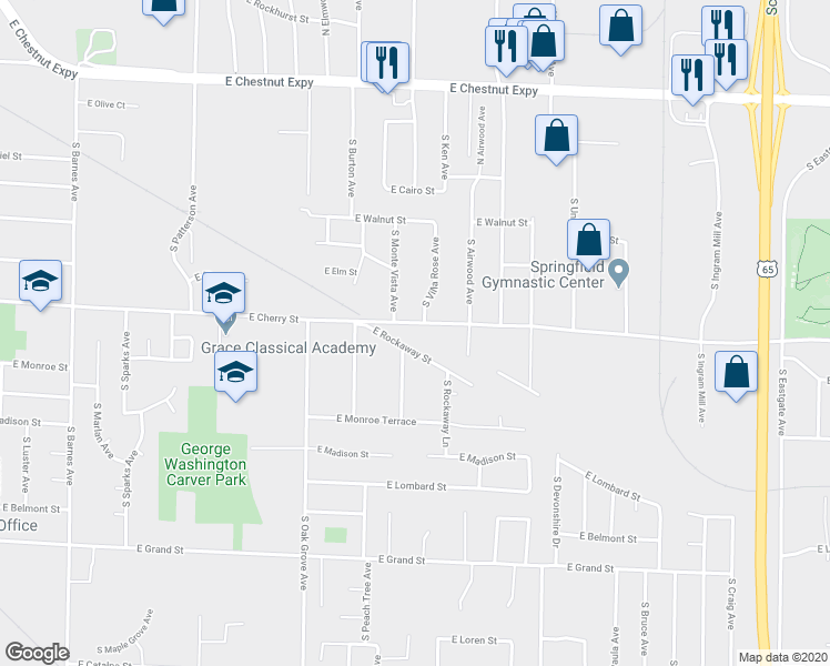 map of restaurants, bars, coffee shops, grocery stores, and more near 2758 East Cherry Street in Springfield