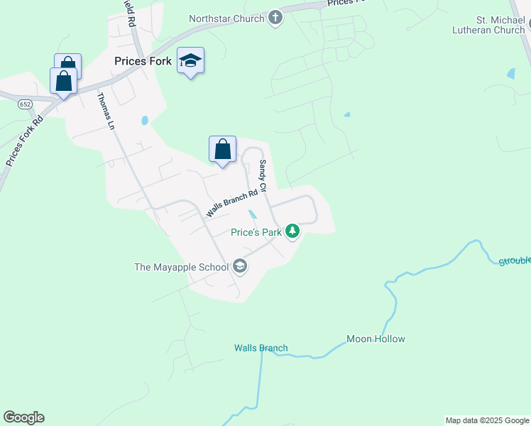 map of restaurants, bars, coffee shops, grocery stores, and more near 1353 Sandy Circle in Blacksburg