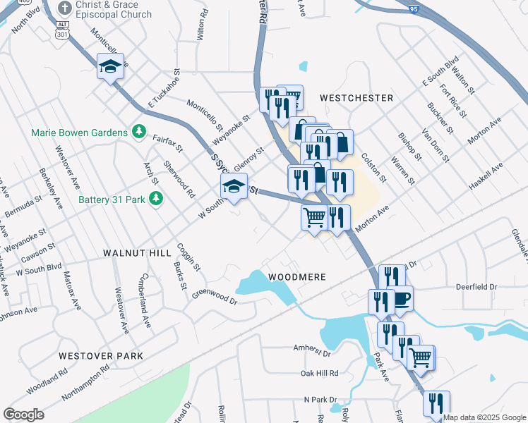 map of restaurants, bars, coffee shops, grocery stores, and more near 1945 Wakefield Street in Petersburg