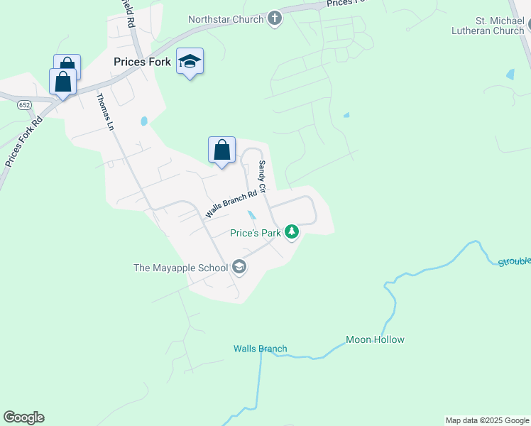 map of restaurants, bars, coffee shops, grocery stores, and more near 1353 Sandy Circle in Blacksburg