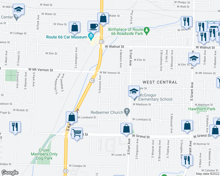 map of restaurants, bars, coffee shops, grocery stores, and more near 700 South Nettleton Avenue in Springfield