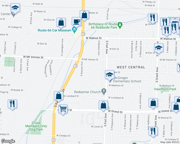 map of restaurants, bars, coffee shops, grocery stores, and more near South Nettleton Avenue in Springfield