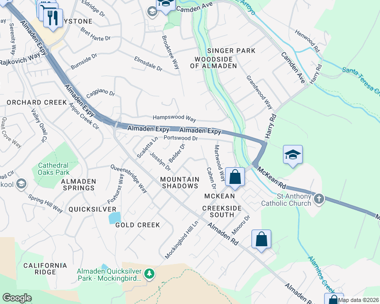 map of restaurants, bars, coffee shops, grocery stores, and more near 1012 Belder Drive in San Jose