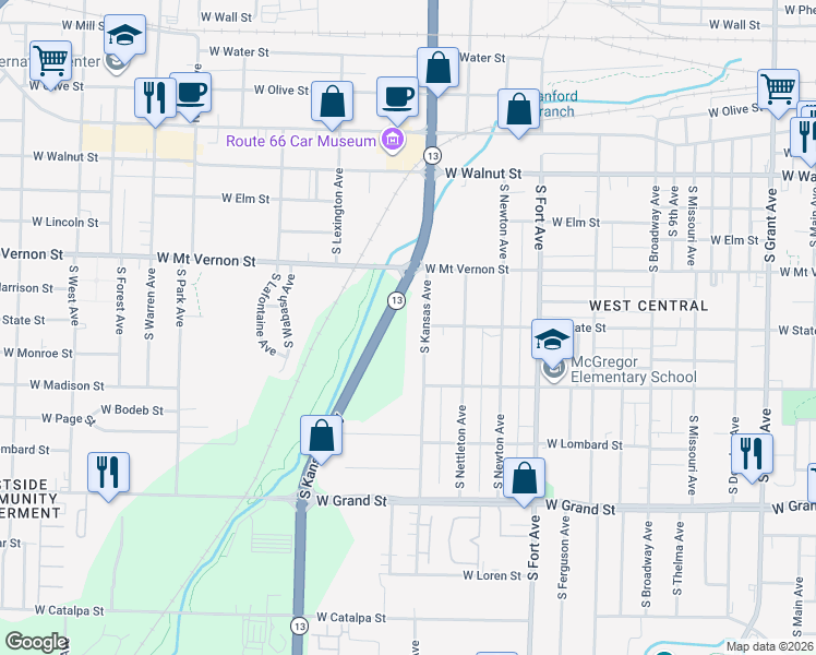 map of restaurants, bars, coffee shops, grocery stores, and more near 651 South Kansas Avenue in Springfield