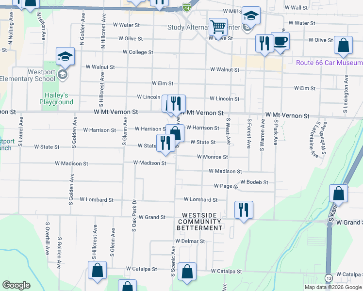 map of restaurants, bars, coffee shops, grocery stores, and more near 660 South Farm Road 137 in Springfield