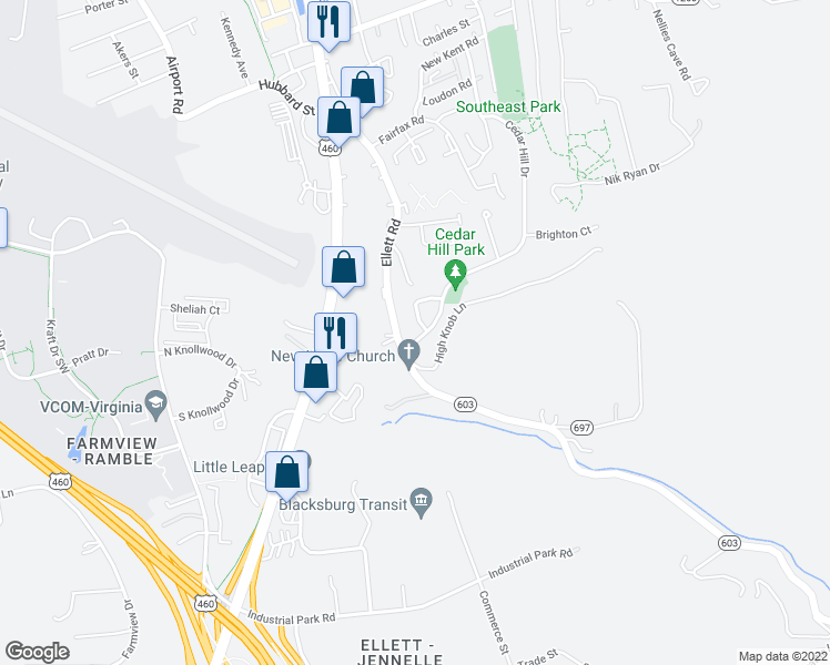 map of restaurants, bars, coffee shops, grocery stores, and more near 203 Cedar Hill Drive in Blacksburg