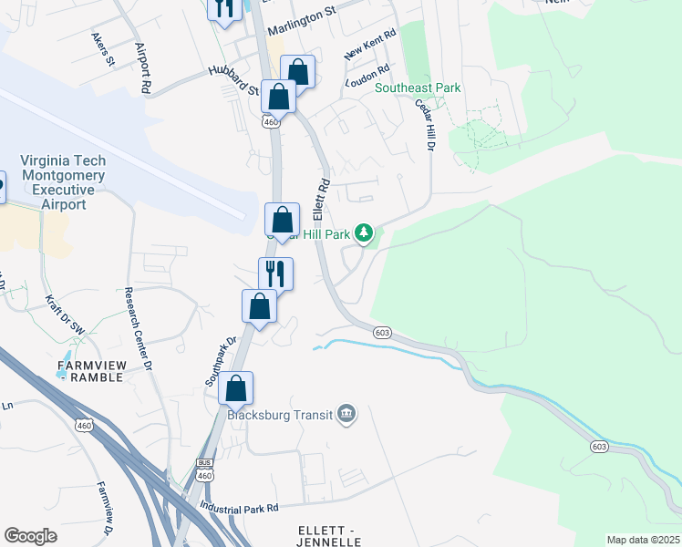 map of restaurants, bars, coffee shops, grocery stores, and more near 203 Cedar Hill Drive in Blacksburg