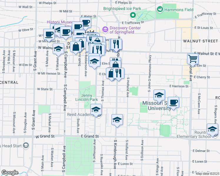 map of restaurants, bars, coffee shops, grocery stores, and more near 517 East Harrison Street in Springfield