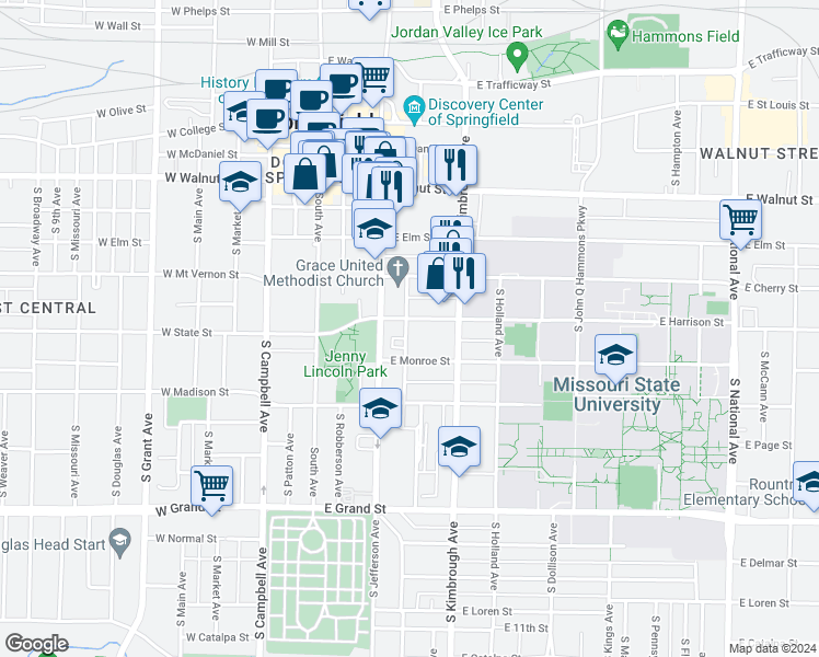 map of restaurants, bars, coffee shops, grocery stores, and more near 412 East Harrison Street in Springfield